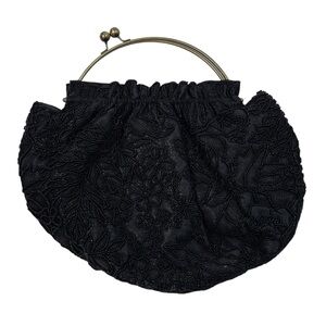 Vintage 80s Black Floral Beaded Brass Gold Clasp Close Clutch Purse Bag Retro